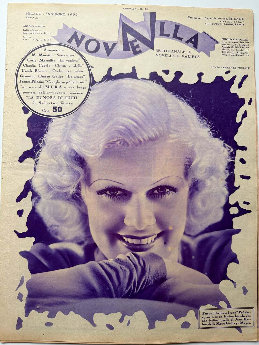 RARE Italian 1933 Jean Harlow Magazine Red Dust, Dinner at Eight, Public Enemy